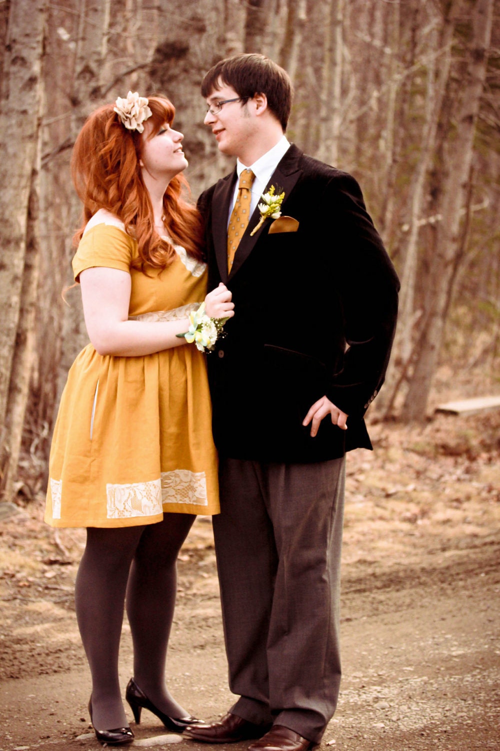 Lace and Linen Dress Mustard Yellow Off Shoulder