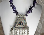 Necklace, Gemstone, Chunky Statement, Big Bead JewelryLarge Statement Amethyst Tribal Kuchi Pendant Necklace