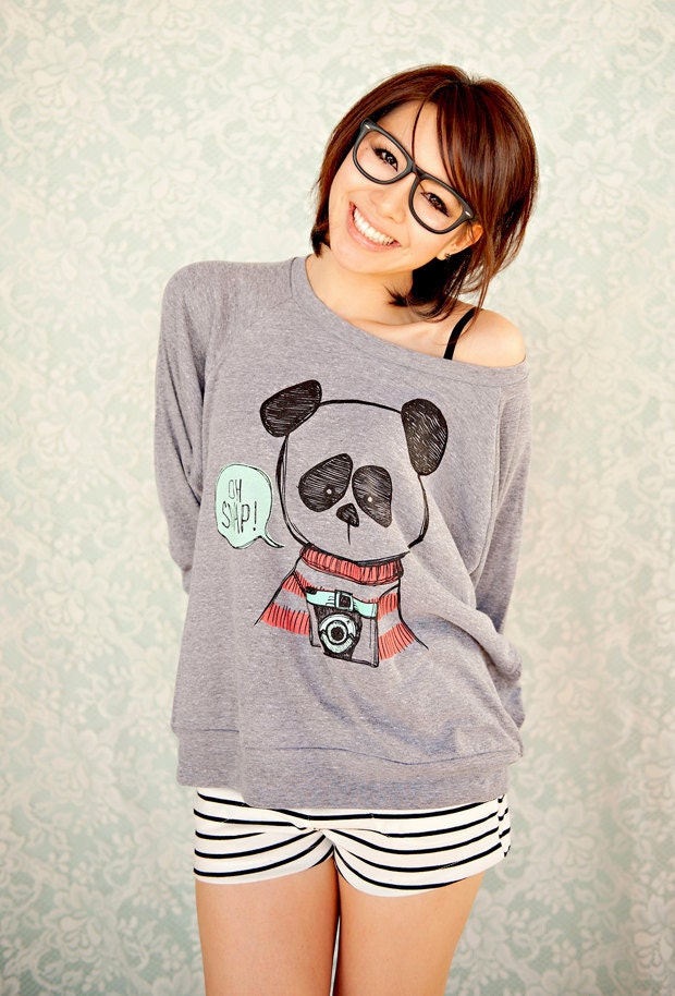 Hipster Panda Womens Raglan Sweater - Heather Grey - Sizes S, M, L
