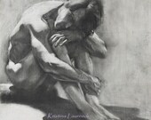 Original Charcoal Drawing Male Figure in Shadow Fine Art "Absorbed"