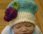 Crochet Baby Cloche Hat with roses and leaves to fit Newborn baby 0-3 months