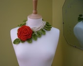 Lariat Scarf Necklace in Crochet with a Bright Orange Rose and Green Leaves (Made to Order)