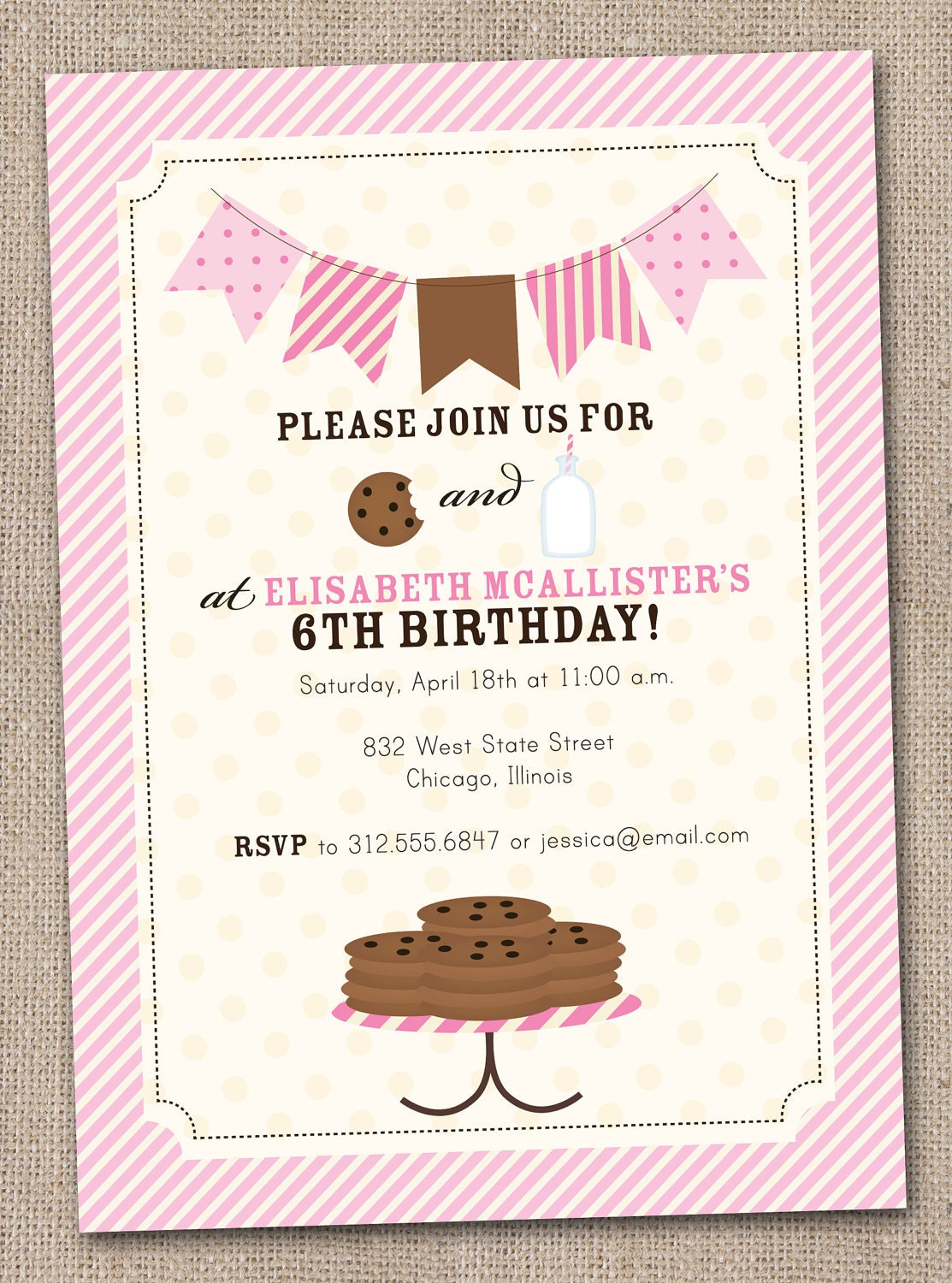 Milk and Cookies Pink Printable Birthday Party Invitation Il_570xn