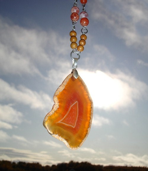 Brilliant Orange and Yellow Hand Wired Necklace with Agate, RESERVED vea3122003