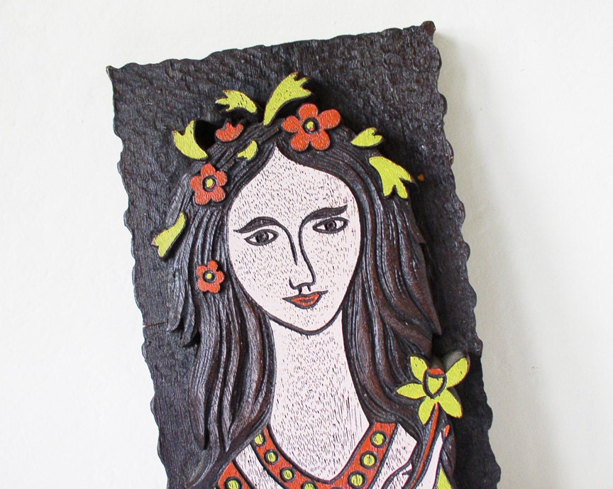 Vintage hippie girl wall hanging 1970s