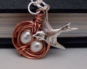 Mama Bird Necklace .. Birds Nest Necklace ..My Loves ... Copper and Sterling Silver Wire Wrapped Bird Nest with Pearl Eggs