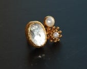 Clear White Quartz and Pearl Ring with a Flower