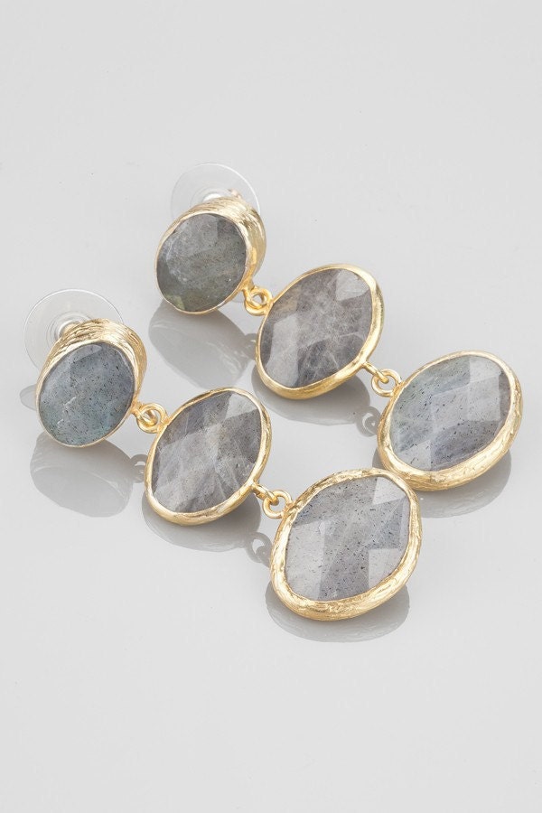 Verticle Three Small to Large Grey Labradorite Stones Earring