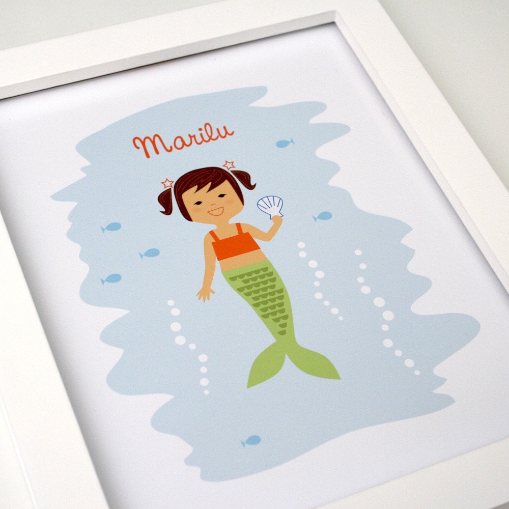 Mermaid Girl - 8 x 10 Custom Name Art Print