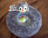 Felted Pocket Mirror - Heather-Brown Owl Charm