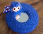 Felted Owl Mirror - Handmade OOAK - Blue with Sweet Owl Charm