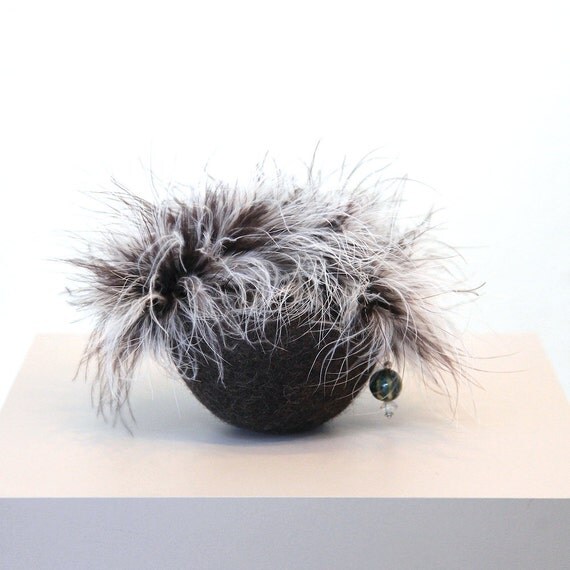 Mini Felted Purse in Dark Cocoa (with Cream and Cocoa-Brown Feather Trim) - New Year's Accessory