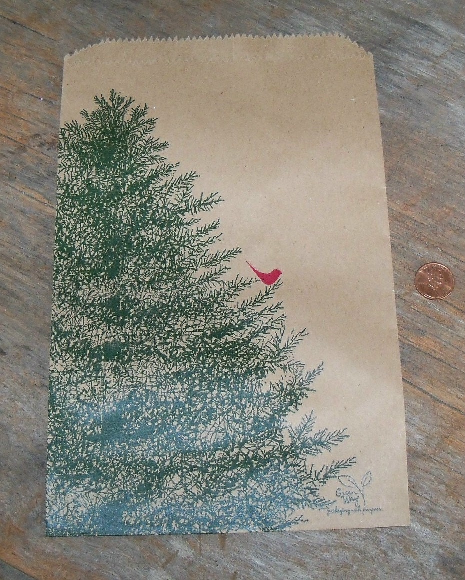 50 PineTree Brown Kraft Paper  Bags.  Holiday. Christmas.  Recycled Paper.