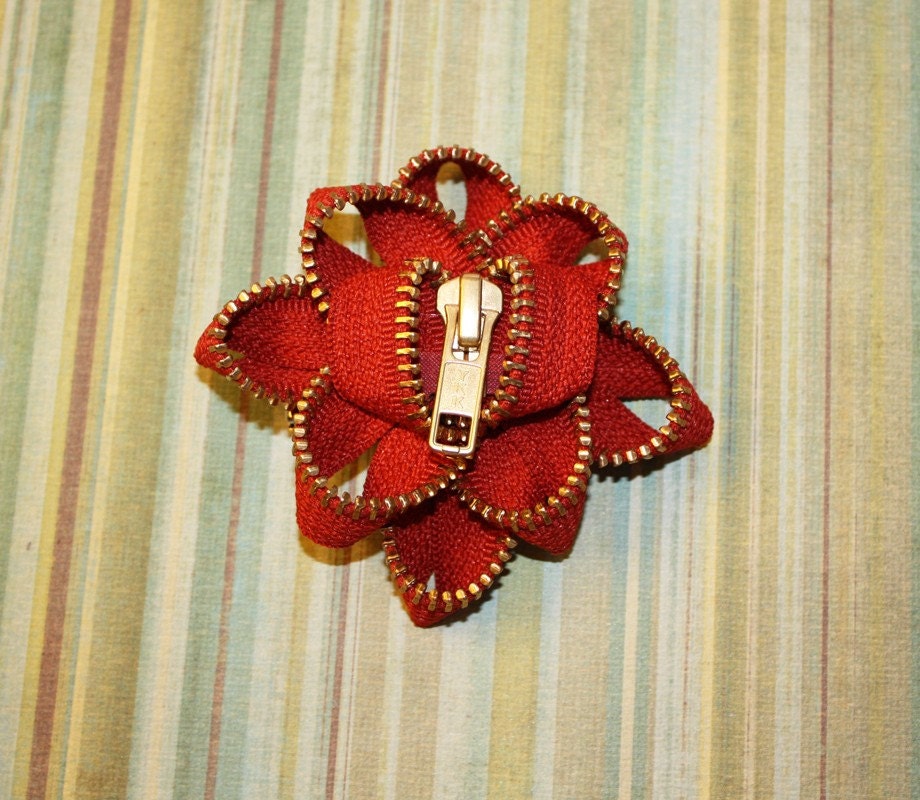 SALE 50% OFF, Burnt Orange Zipper Flower Brooch or Hair Clip