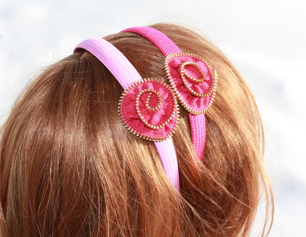 Buy One Get One Free, Pretty in Pink, Flower Princess Headbands Made from Recycled Zippers