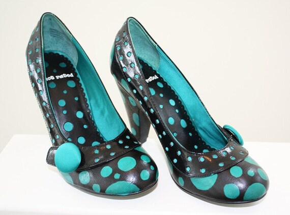 Hand Painted Teal Polka Dot Heels in Size 7