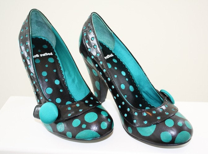 Hand Painted Teal Polka Dot Heels in Size 7