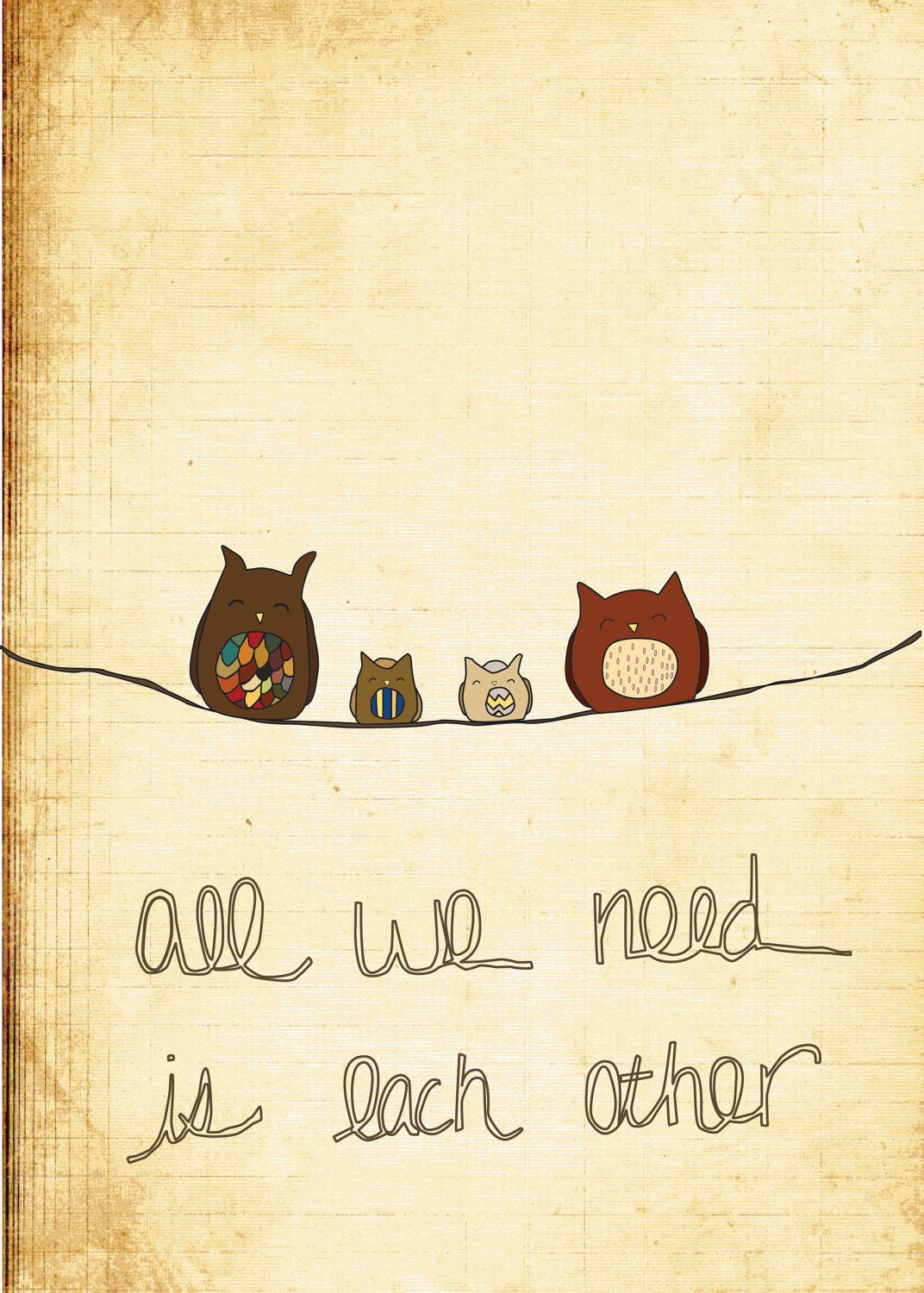 Digital Print - Wall Art - All We Need- 5x7 Illustration, Nursery Wall Art, Owls, Birds on a wire, Family, Baby, Wall Decor