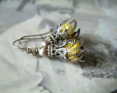 Judy Lynn - Yellow Glass Flower and  Brass Dangle Earrings