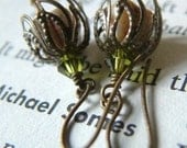 Lo Lo - Antique Green Flower and Brass Dangle Earrings