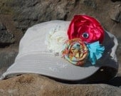 Oh So Pretty Stone Military Style Cadet Hat with Bright Pink, Teal, Cream, and Multi Flowers