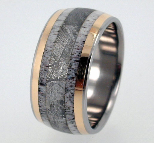 Deer Antler, Meteorite and 18K Yellow Gold inlay Titanium Wedding Band - Meteor Ring Signature Series - jer-049