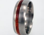 Titanium Ring - Wood Ring - 14K Gold and Amboyna Burl Wood Inlay in Titanium Band
