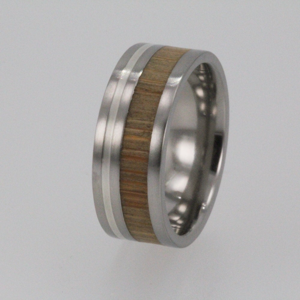 Titanium and Wood Ring with Eco-Friendly Bamboo Wood and Silver inlay Wooden band