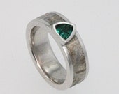 Meteorite Ring inlaid in Platinum set with a Trillion Cut Green Emerald