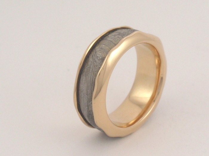 Gold Wedding Ring with Meteorite Inlay and wavy edges - 8mm wide ring
