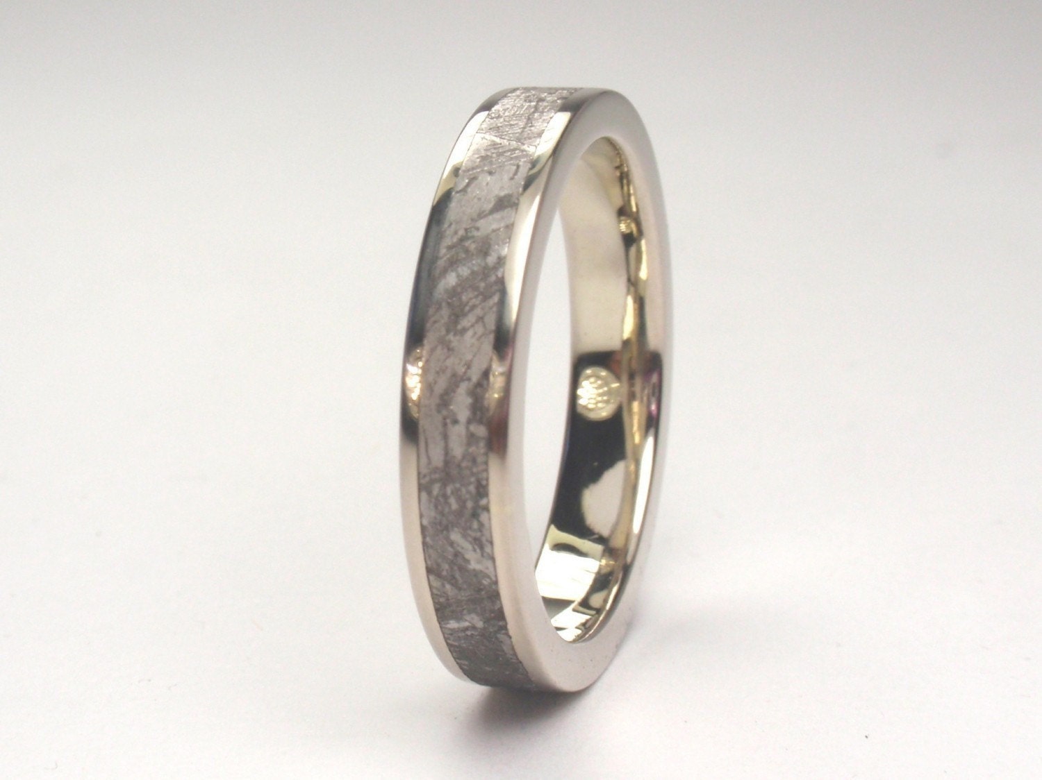 Meteorite Ring Inlaid in 14K White Gold - Meteor Wedding Band - Gibeon Meteorite
