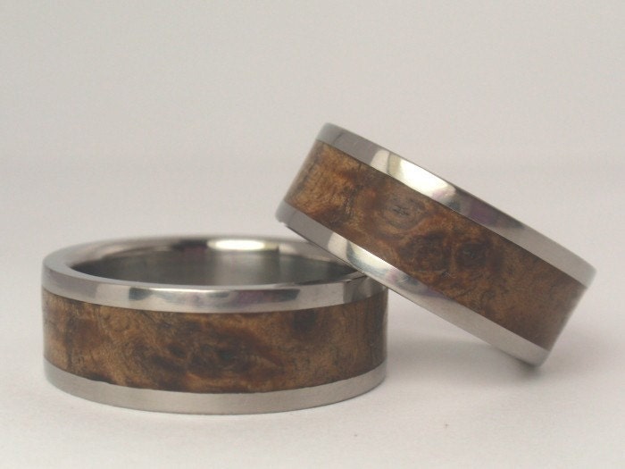 Black Ash Burl Wood Inlaid in Titanium Ring - Wooden Wedding Set