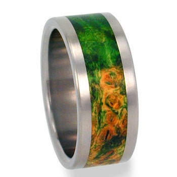 Titanium Ring with Green Box Elder Burl Wood Inlay - Wedding Band - jer-010