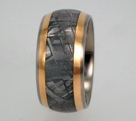 Wedding Band with Meteorite and 18K Yellow Gold Inlay - Titanium Ring For Men and Women