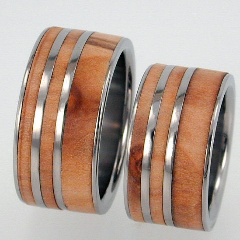 Titanium Ring Set with Interchangeable Rowan Wood Inlaid Pinstripes