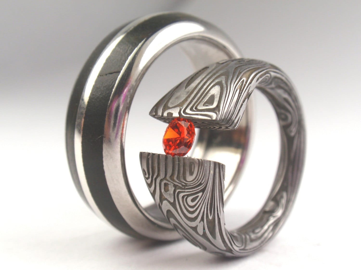 Wooden Wedding Rings on Inlay Titanium Ring With Damascus Tension Set Ring Wooden Wedding Band