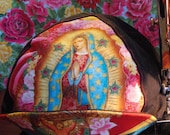 Red Heart Lupe Cycle Cap Our Lady of Guadalupe with angel flip bill Handmade Virgin Mary