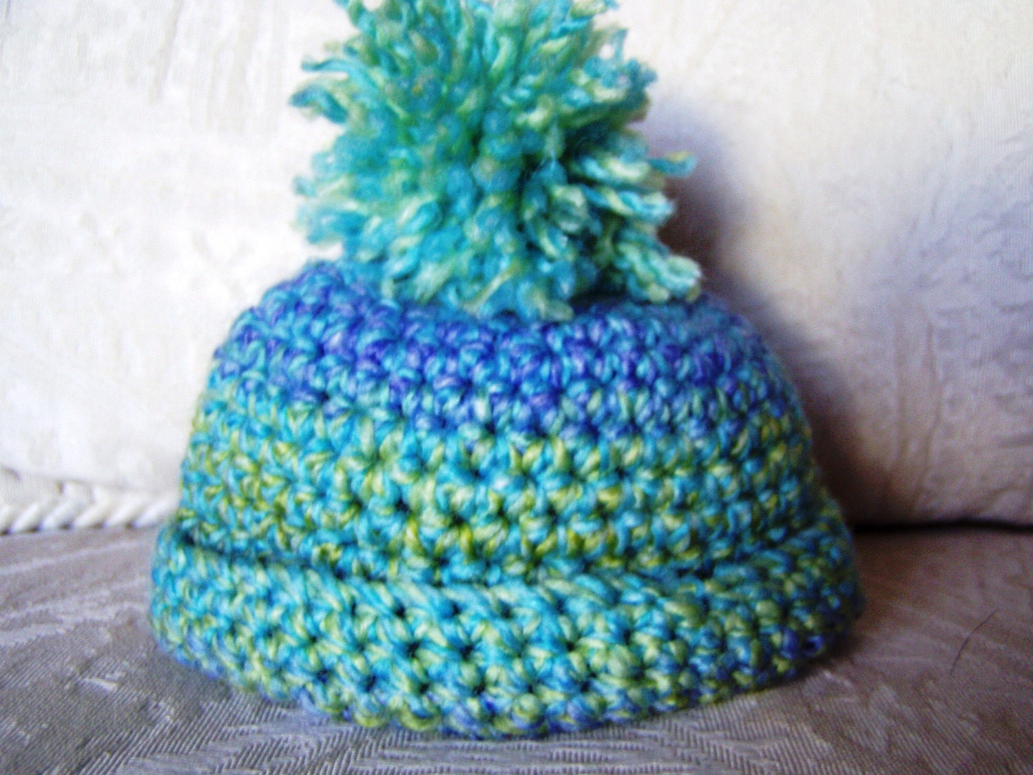 Crochet Hat - for Newborn Infant - Teal Lime Purple