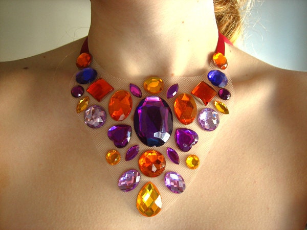 Statement Rhinestone Illusion Necklace, Unique Fashion with Purple, Golden Yellow and Orange Rhinestones