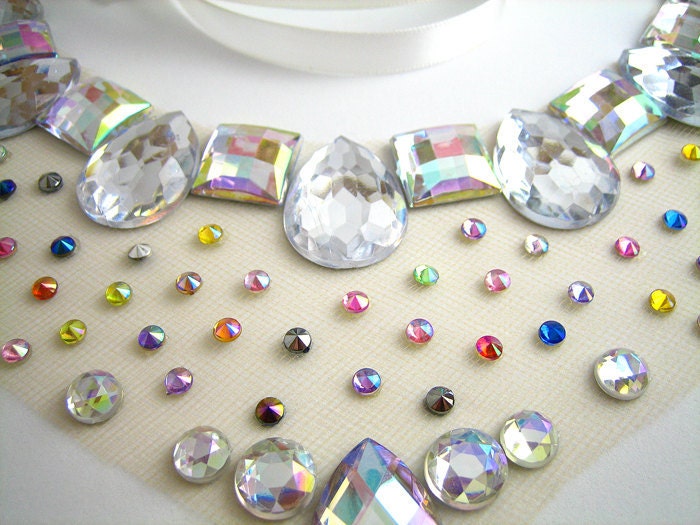 Rainbow Aurora Borealis Rhinestone Illusion Statement Bib Necklace, Colorful Floating Gems, Fashion Jewellery