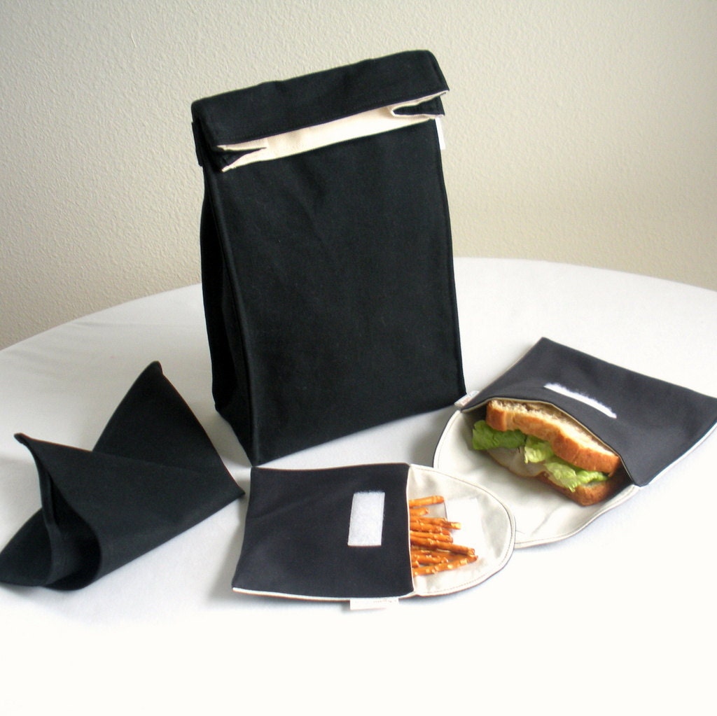 Lunch Bag Set, Black - Insulated, Organic Cotton, Eco Friendly - 4 Piece - Back to School