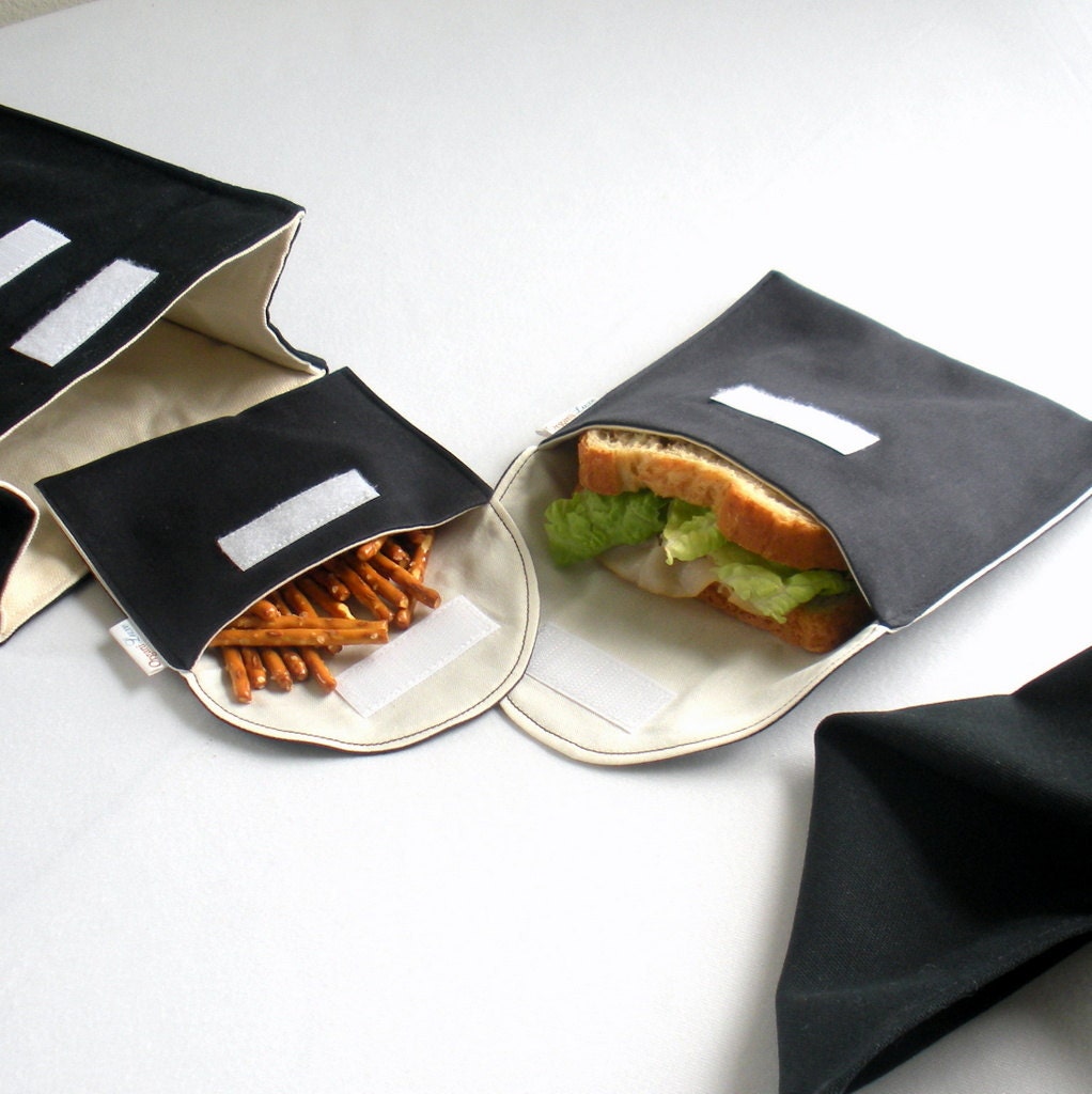 Eco Friendly Sandwich and Snack Bags, Set of 2 - Organic Cotton, Reusable - Black --- Back to School