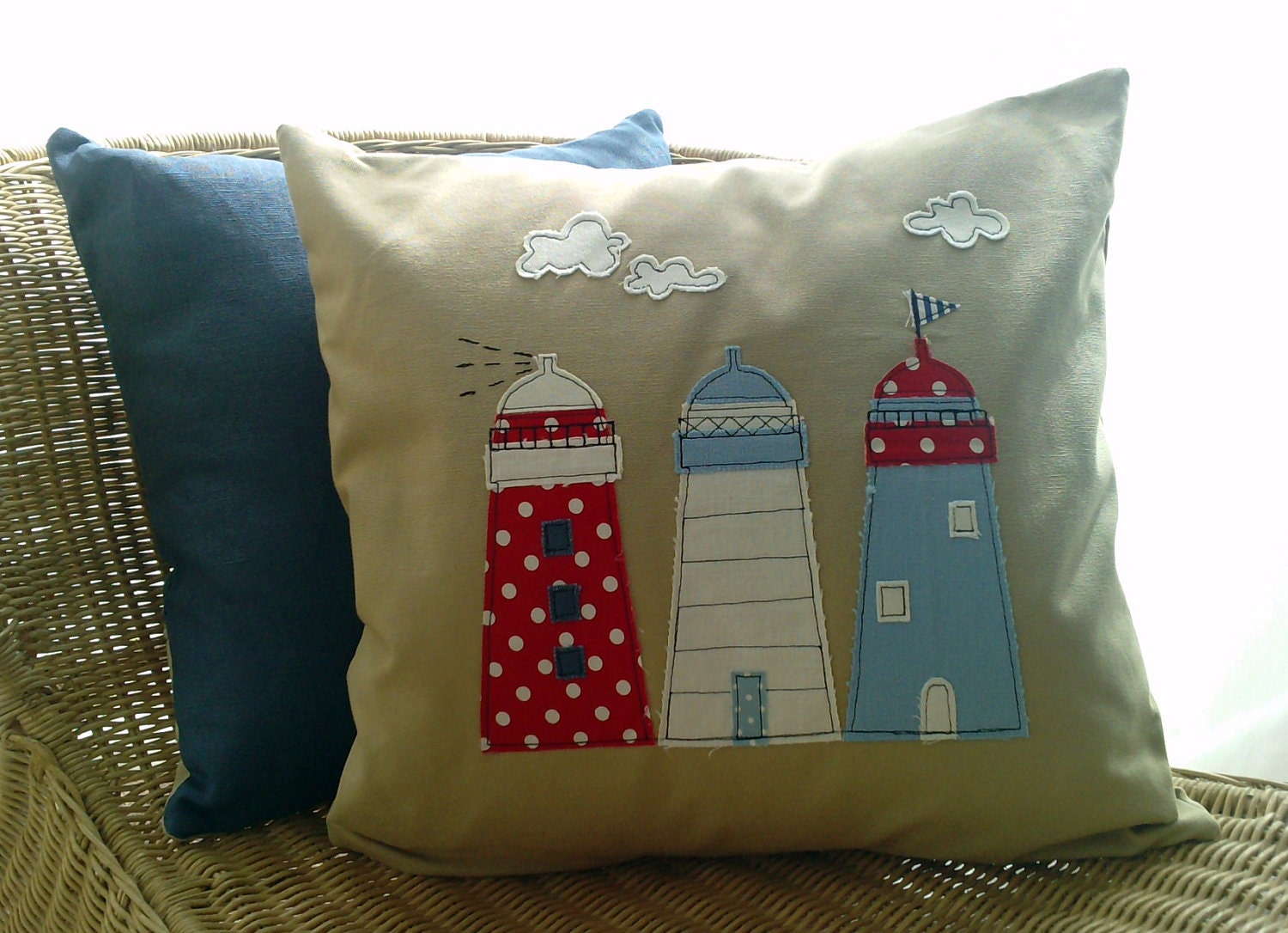 Lighthouse applique cushion cover in natural linen.Free UK shipping.