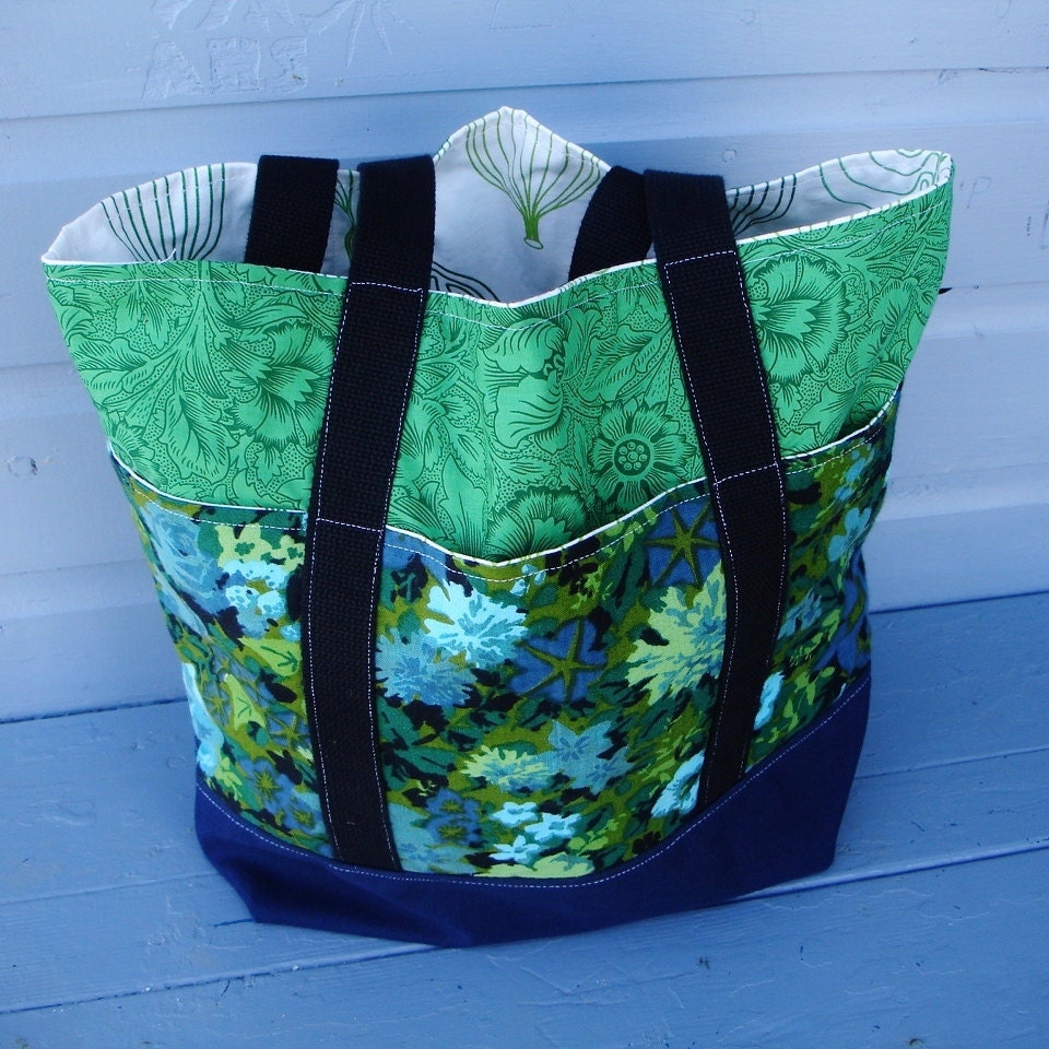 Tote bag  - Vintage silkscreened floral in brilliant blues and greens
