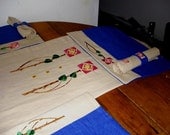 Custom Arts and Crafts, mission style embroidered linen place mats, table runner, napkins and napkin rings