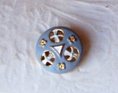 Vintage small blue grey painted pierced metal button X 1