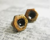 Copper Mini Hex Nut earrings - hardware earrings - handpainted resin studs with surgical steel posts