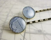 Blue Vintage Map Antique Brass Hairclip Set