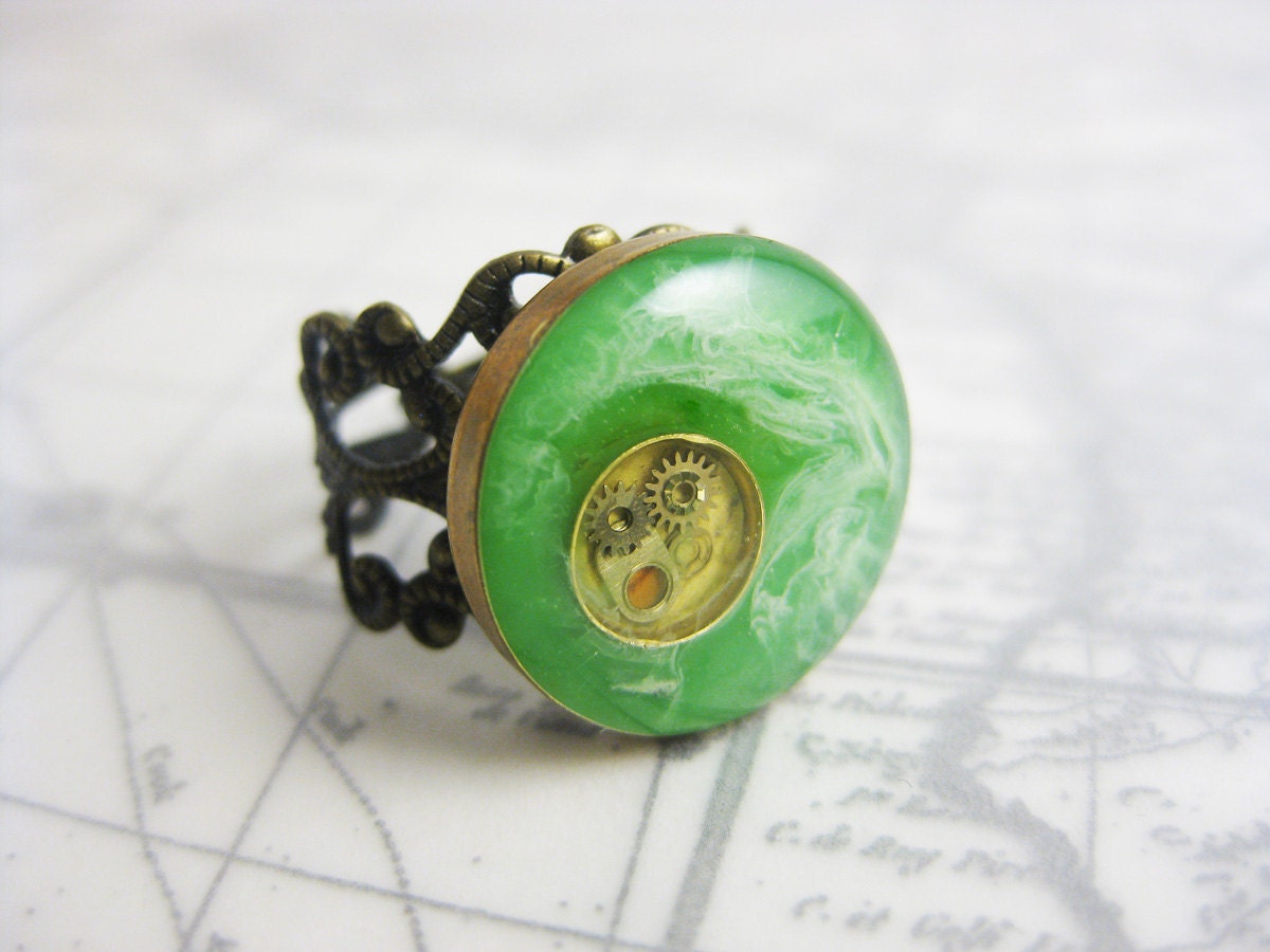 Absinthe Green Steampunk Ring with Gears - White and Green Resin Jewelry - Adjustable Brass Filigree Ring Band