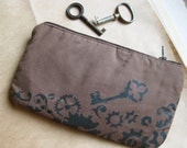 Dark Brown Steampunk Skeleton Key Zippered Pouch / Pencil Case - Cotton